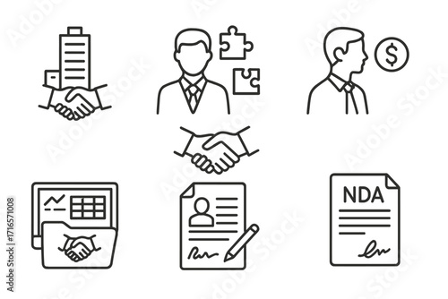 M&A Icons Collection. Line style icons of mergers & acquisitions: deal advisory firm, M&A consultant icon, investment banker