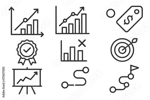 Mergers & Acquisitions Icons. Line style icons of mergers & acquisitions: performance projection, deal metrics chart, transaction