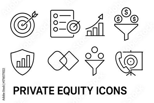 Private Equity Icons. Line style icons of private equity: target screening icon, acquisition target list, strategic alignment