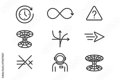 Astrophysics Line Icons. Line style icons of astrophysics: time travel loop, closed timelike curve, paradox icon, wormhole