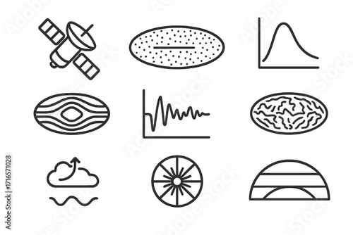 Astrophysics Line Icons. Line style icons of astrophysics: Planck satellite icon, WMAP results, cosmic background spectrum,