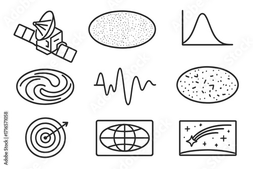 Astrophysics Line Icons. Line style icons of astrophysics: Planck satellite icon, WMAP results, cosmic background spectrum,