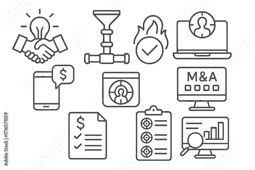 M&A Icon Set. Line style icons of mergers & acquisitions: deal sourcing icon, origination pipeline, target screening, investment