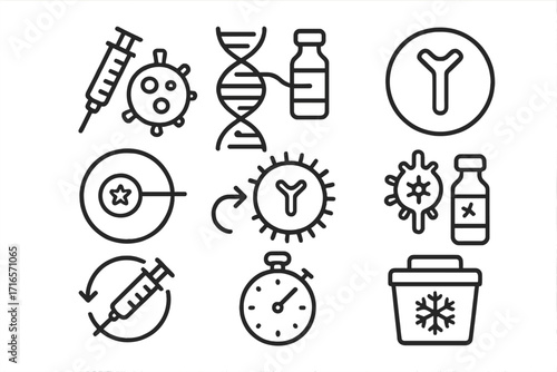 Genetic Engineering Icons. Line style icons of genetic engineering: vaccine development, gene-based vaccine, mRNA vaccine icon,