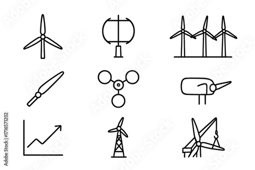 Renewable Energy Icons. Line style icons of renewable energy: horizontal wind turbine, vertical axis turbine, wind farm, wind