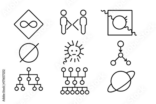 Particle Physics Icons. Line style icons of particle physics: supersymmetry symbol, SUSY partner icon, squark badge, neutralino