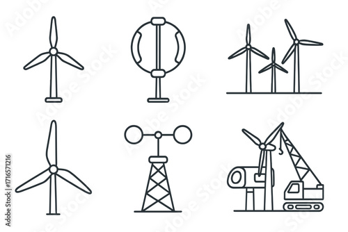 Renewable Energy Icons. Line style icons of renewable energy: horizontal wind turbine, vertical axis turbine, wind farm, wind