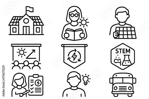 Renewable Energy Icons. Line style icons of renewable energy: school solar program, renewable education, student with panel,
