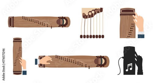 Flat vector illustration set of a traditional wooden Koto, a Japanese stringed zither, with hands playing the instrument.