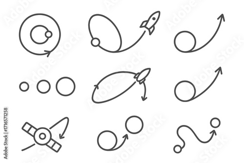 Space Exploration Icons. Line style icons of space exploration: interplanetary path, orbital slingshot, mission arc, planet