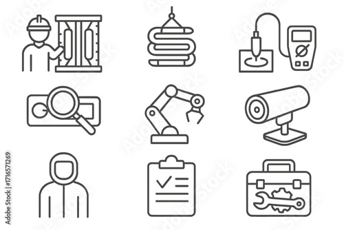Nuclear Fusion Icons. Line style icons of nuclear fusion: reactor maintenance icon, coil replacement, diagnostic calibration,