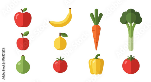 Flat-Lay Collection of Fresh Fruits and Vegetables - Apples, Bananas, Carrots, Broccoli, Pears, Lemons, Tomatoes, and Peppers.