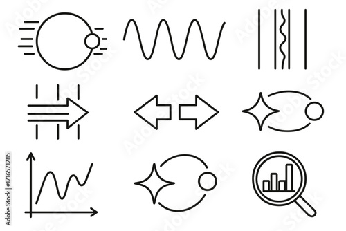 Exoplanet Detection Icons. Line style icons of exoplanets: radial velocity method, Doppler shift wave, spectral line wobble, blue