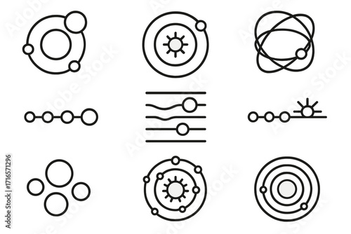 Exoplanet Line Icons. Line style icons of exoplanets: multi-planet system, star with orbits, orbital resonance icon, planetary
