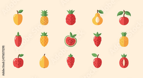 Flattened Colorful Fruit Icons Set in Various Styles.