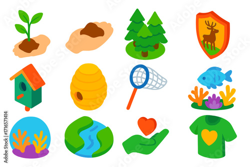 Nature Conservation Icons. Isometric vector illustration set Nature conservation: tree planting icon, hand holding soil, forest