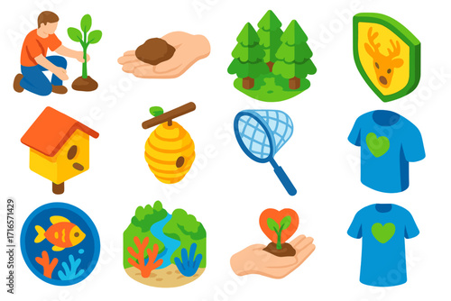 Nature Conservation Icons. Isometric vector illustration set Nature conservation: tree planting icon, hand holding soil, forest