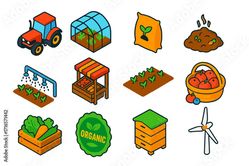 Organic Farming Icons. Isometric vector illustration set Organic farming: tractor, greenhouse, seed bag, compost pile, irrigation