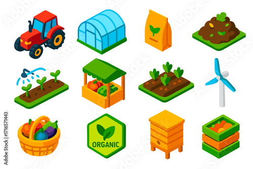 Organic Farming Icons. Isometric vector illustration set Organic farming: tractor, greenhouse, seed bag, compost pile, irrigation