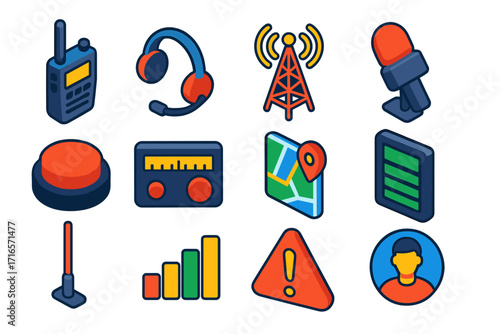 Radio Communication Icons. Isometric vector illustration set Radio communication: walkie-talkie, headset, radio tower, microphone,