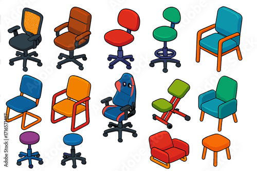 Colorful Office Chairs. Isometric vector illustration set Office chairs: ergonomic mesh chair, leather executive chair, swivel