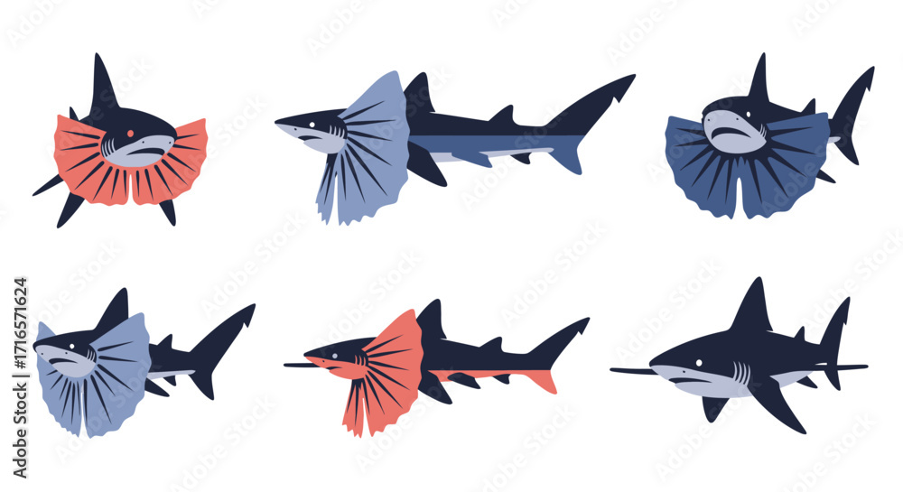 Fototapeta premium Set of six stylized frilled shark illustrations with colorful pleated neck ruffs in various poses.