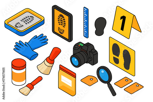 Forensic Footprint Tools. Isometric vector illustration set Footprint analysis: plaster cast kit, footprint frame, ruler scale,