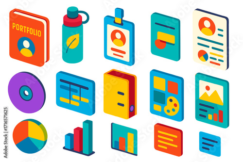 Creative Portfolio Icons. Isometric vector illustration set Creative portfolio: portfolio book, designer water bottle, artist ID