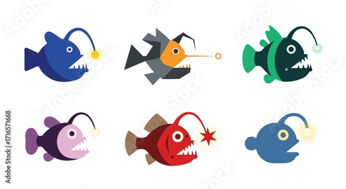 Six Colorful Cartoon Anglerfish with Glowing Lures and Sharp Teeth.