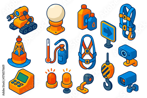 Offshore Platform Icons. Isometric vector illustration set Offshore platform gear: maintenance robot, radar dome, lubricant