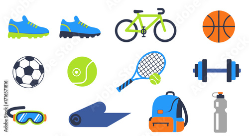 Sports Equipment Collection - Shoes, Bike, Balls, Racket, Dumbbell, Mat, Bag, Bottle.