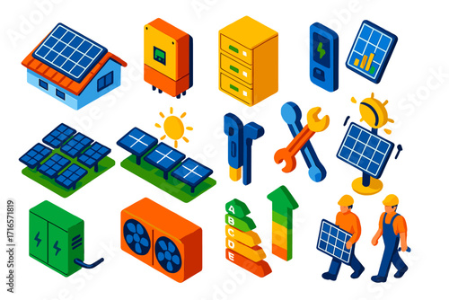 Farm-to-Table and Solar Solutions. Isometric vector illustration set Farm-to-table supply chain: harvesting basket, produce crates