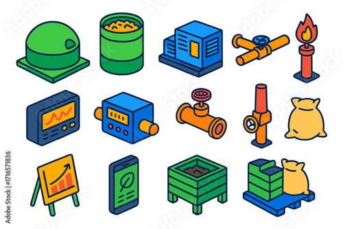 Bioenergy Systems Icons. Isometric vector illustration set Bioenergy systems: biogas digester, feedstock tank, generator, gas