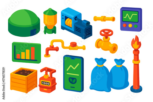 Bioenergy Systems Icons. Isometric vector illustration set Bioenergy systems: biogas digester, feedstock tank, generator, gas