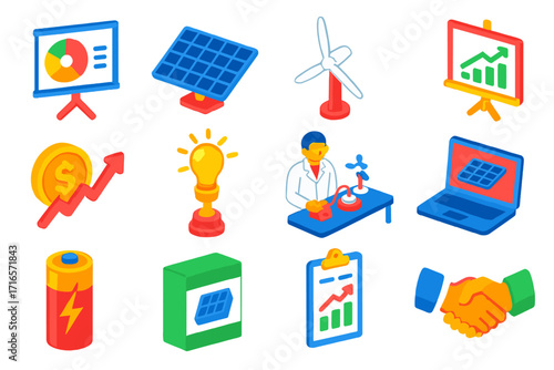 Energy Startup Icons. Isometric vector illustration set Energy startup tools: pitch deck, prototype solar panel, wind model,