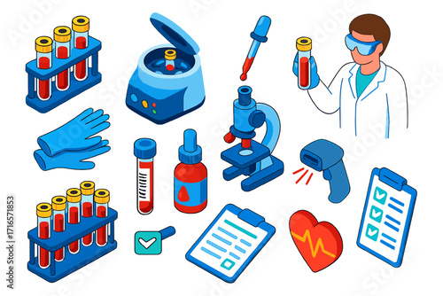 Blood Testing Equipment. Isometric vector illustration set Blood testing: test tubes, centrifuge machine, lab technician, gloves,
