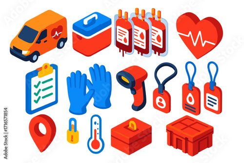 Blood Transport Equipment. Isometric vector illustration set Blood transport: delivery van, insulated cooler, labeled blood bags,
