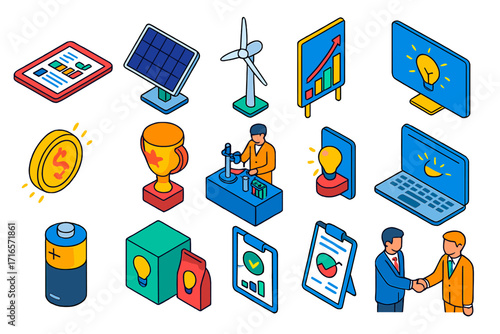 Energy Startup Icons. Isometric vector illustration set Energy startup tools: pitch deck, prototype solar panel, wind model,