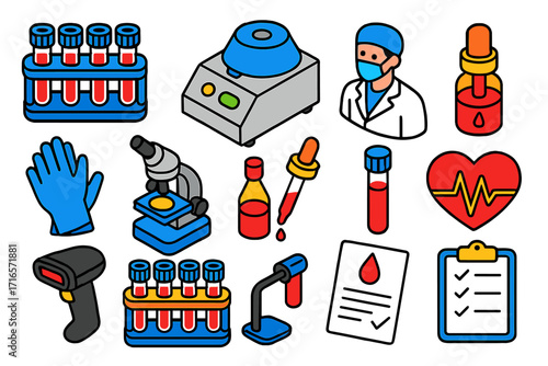 Blood Testing Equipment. Isometric vector illustration set Blood testing: test tubes, centrifuge machine, lab technician, gloves,