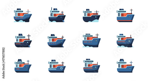Stylized flat design cargo ships with blue hulls and orange containers, vector illustration set.