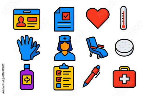Blood Donation Essentials. Isometric vector illustration set Pre-donation checklist: donor ID card, consent form, heart icon,