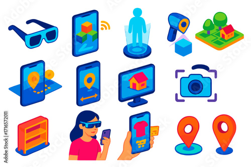 Augmented Reality Icons. Isometric vector illustration set Augmented reality: AR glasses, smartphone with AR screen, holographic
