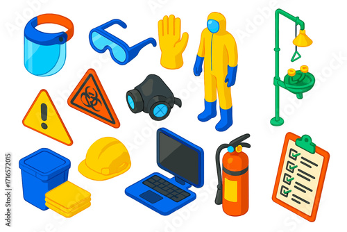 Safety and Tech Essentials. Isometric vector illustration set Advanced hazard protection: face shield, safety goggles, gloves, PPE
