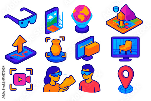 Augmented Reality Icons. Isometric vector illustration set Augmented reality: AR glasses, smartphone with AR screen, holographic