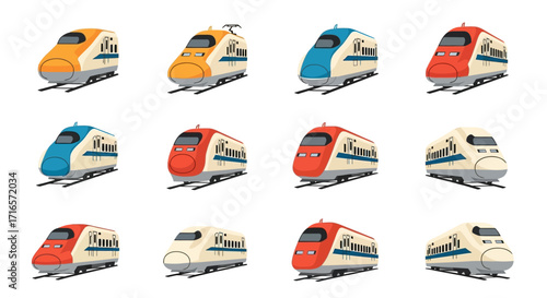 Twelve Colorful High-Speed Train Illustrations, Diverse Designs.