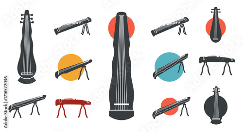 Various Chinese Erhu and Pipa Instruments in Flat Design.