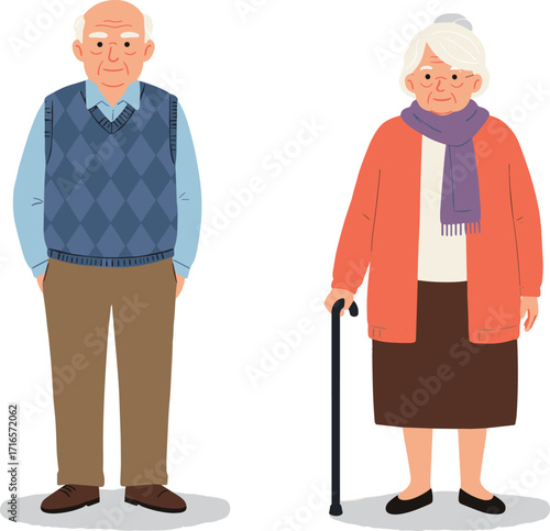 Elderly couple cartoon, senior characters, cane support, aging lifestyle, smiling seniors, family care, vector illustration, retirement, health, companionship