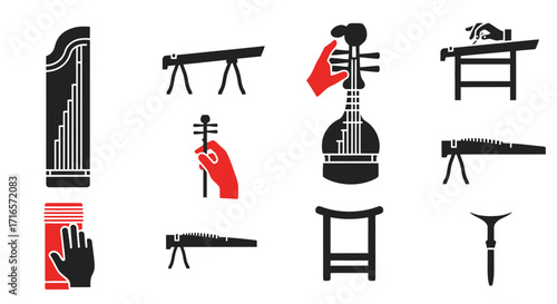 Vector Illustration of Chinese Guzheng and Pipa Instruments, Showing Playing Techniques.