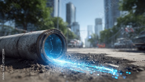 A metallic pipe lies on a construction site, with glowing lines emanating from inside