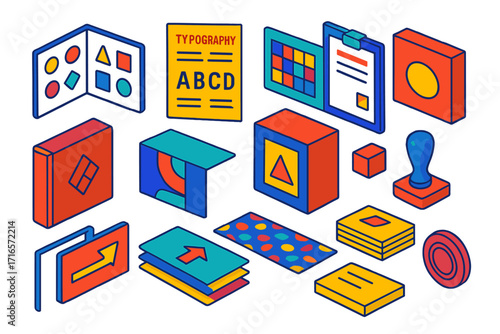 Branding Identity Essentials. Isometric vector illustration set Branding and identity: logo design sheet, typography samples,
